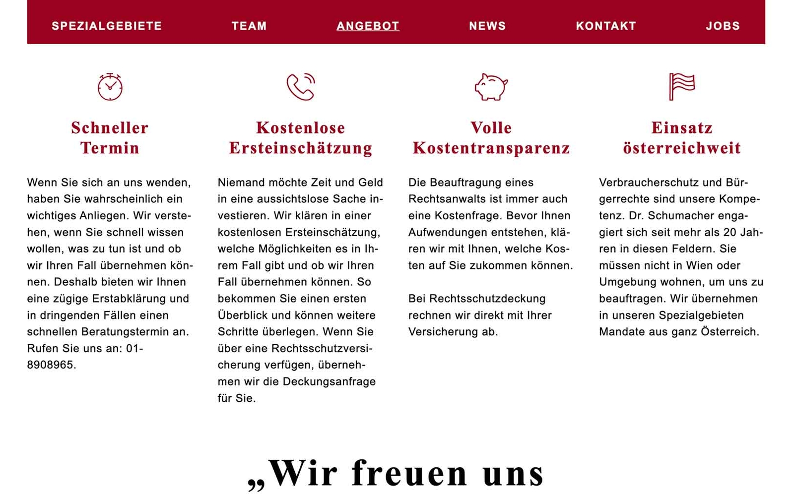 Website-Unterseite Rechtsanwalt Kanzlei Schumacher mit Übersicht der Angebote
