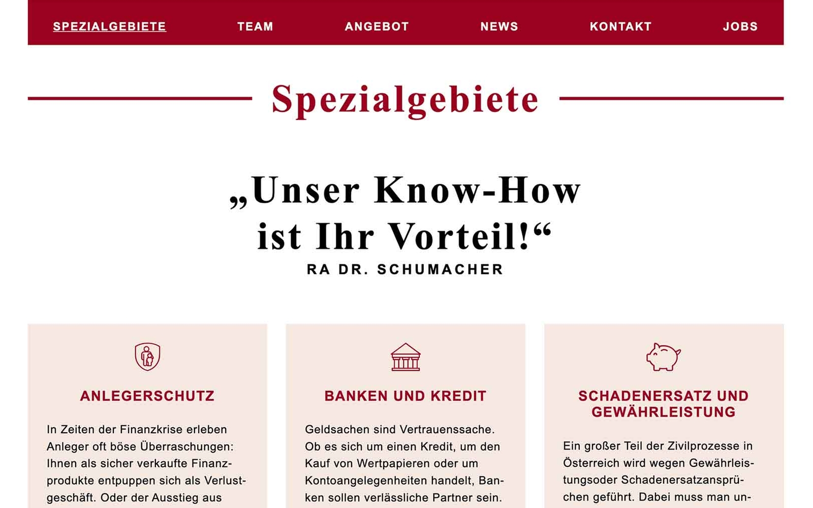 Website-Unterseite Rechtsanwalt Kanzlei Schumacher zum Thema Spezialgebiete