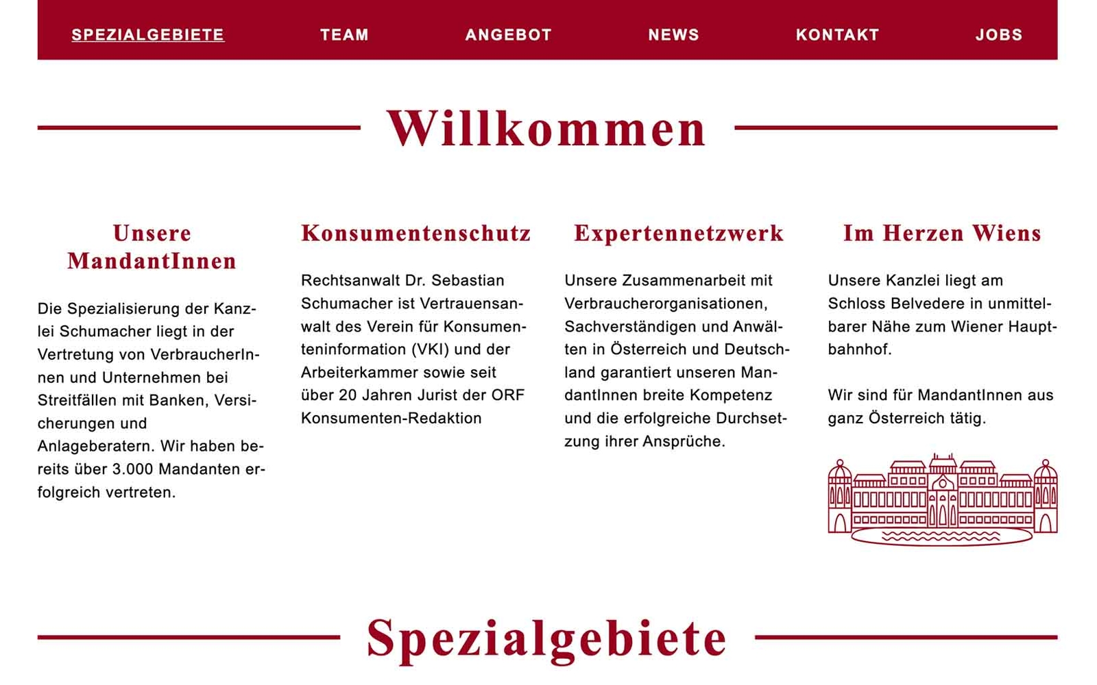 Website Homepage Rechtsanwalt Kanzlei Schumacher Scrolldown mit Infos zu den Leistungen