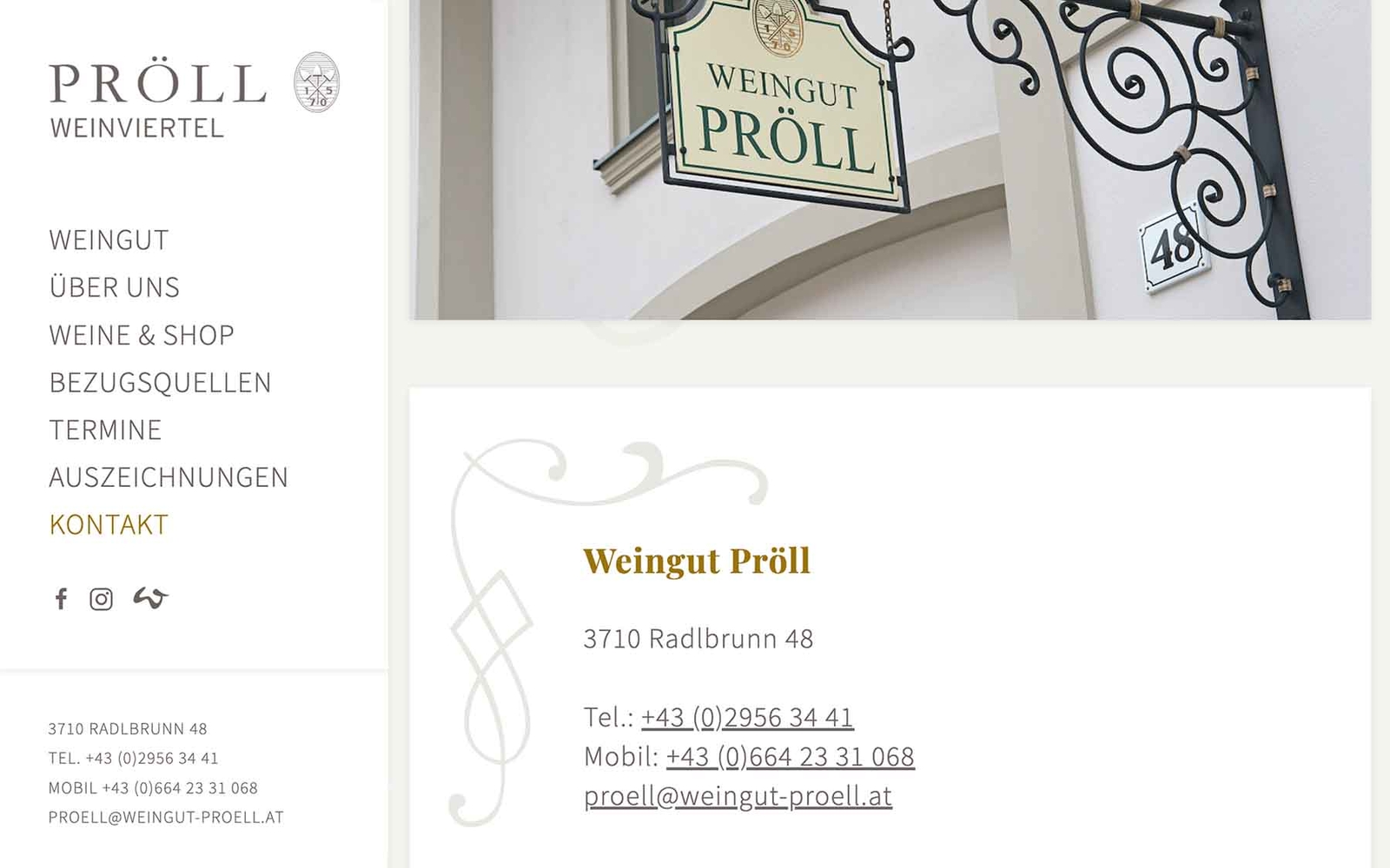 Website Weingut Pröll Kontakt