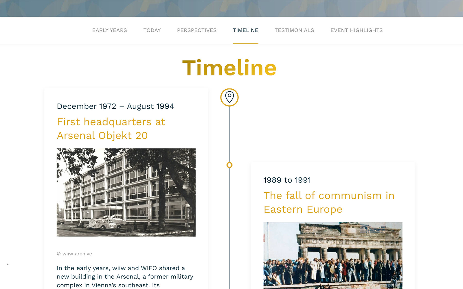 Screenshot der wiiw-Website zum 50-jährigen Jubiläum, Unterseite 'Timeline' mit Bildern und Texten.