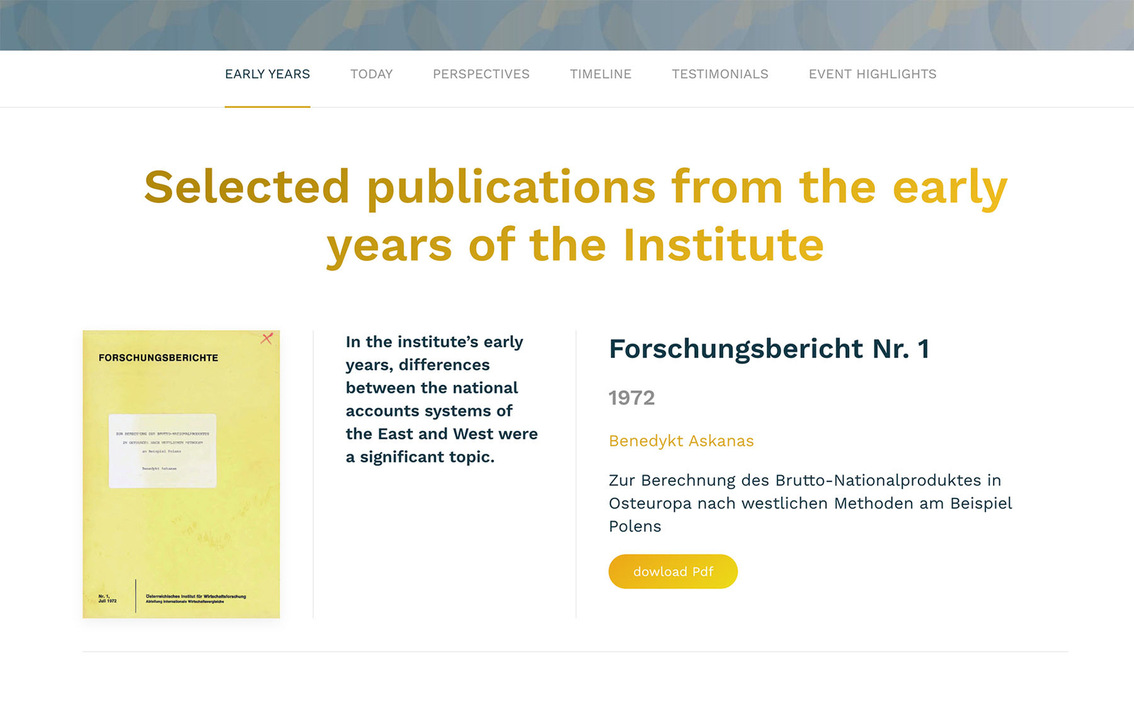 Screenshot der wiiw-Website zum 50-jährigen Jubiläum, Unterseite 'Early Years' mit Download-Option für ausgewählte Publikationen.