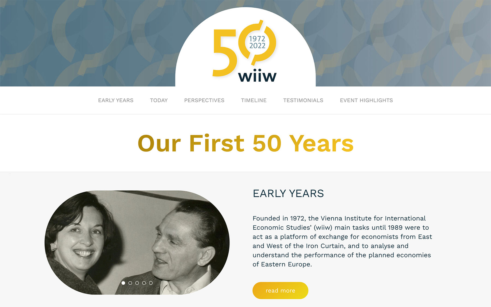 Screenshot der Startseite der wiiw-Website zum 50-jährigen Jubiläum mit Logo und Hauptüberschrift.