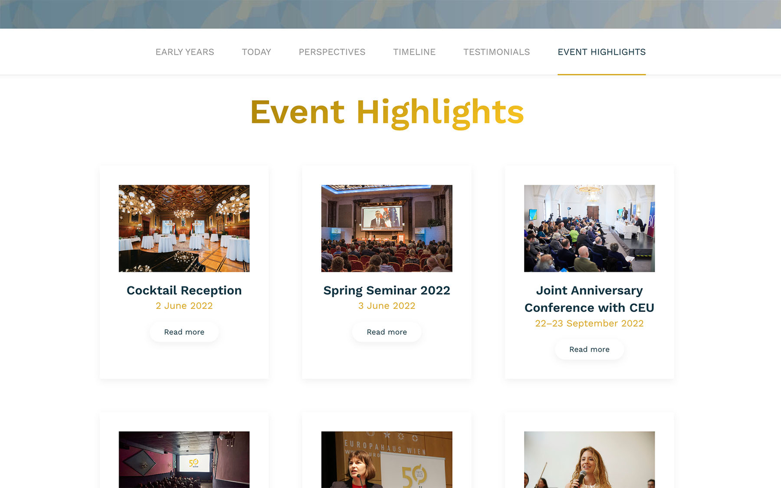 Screenshot der wiiw-Website zum 50-jährigen Jubiläum, Unterseite 'Event Highlights' mit Bilder und Texten der einzelnen Events.