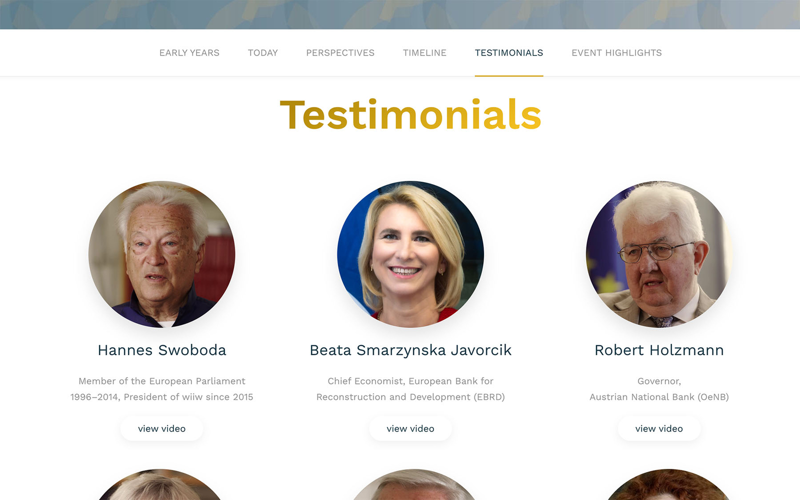 Screenshot der wiiw-Website zum 50-jährigen Jubiläum, Unterseite 'Testimonials' mit Fotos, Texten und Videos.
