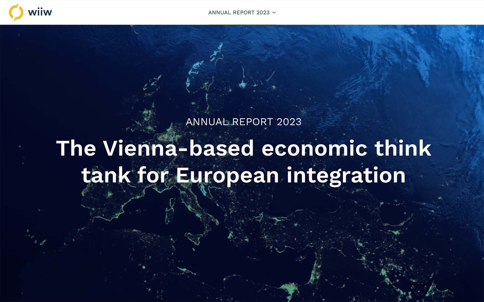 Startseite des wiiw Annual Report 2023 mit großem Bild und Headline.