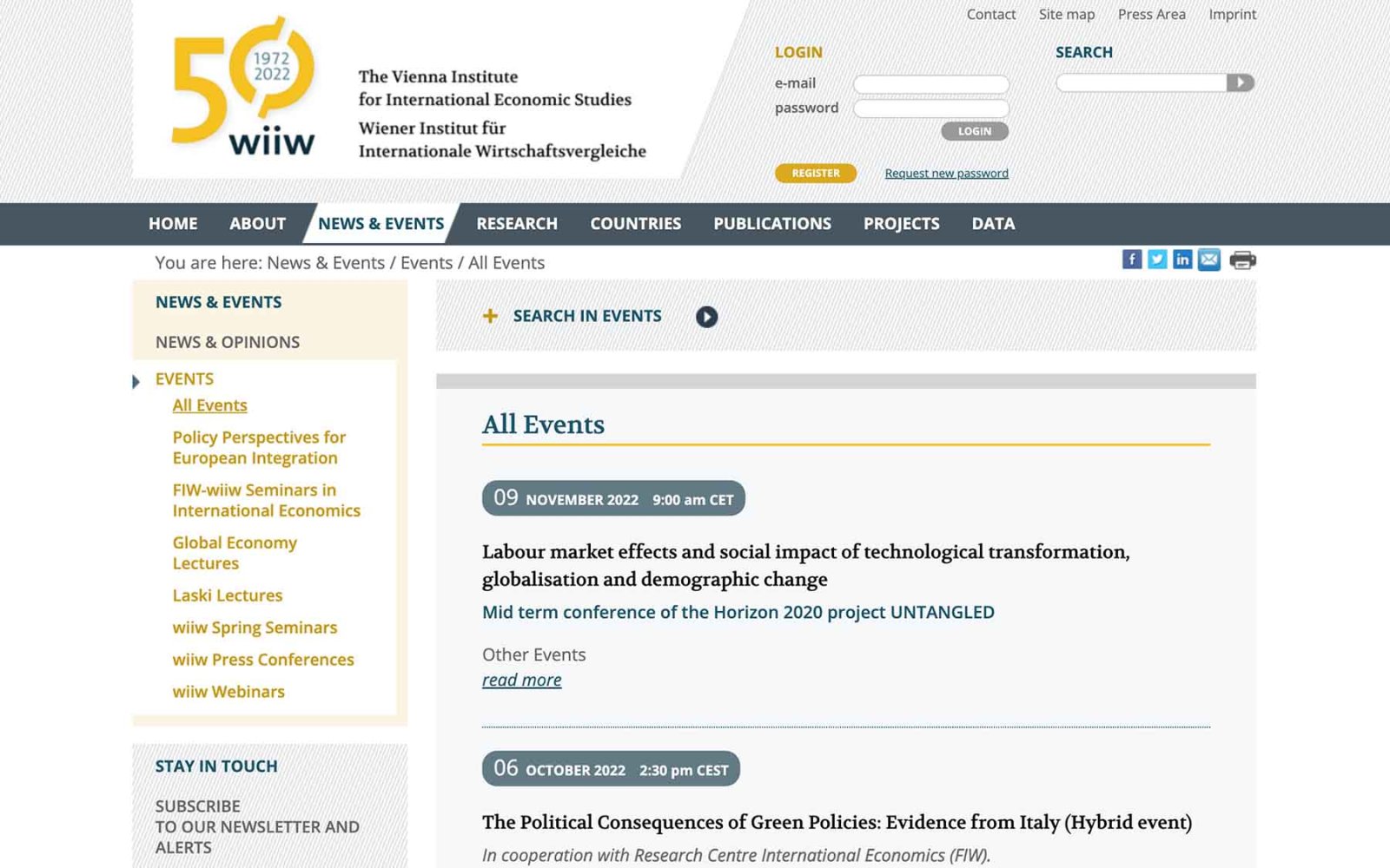Website wiiw, The Vienna Institute for International Economic Studies – events