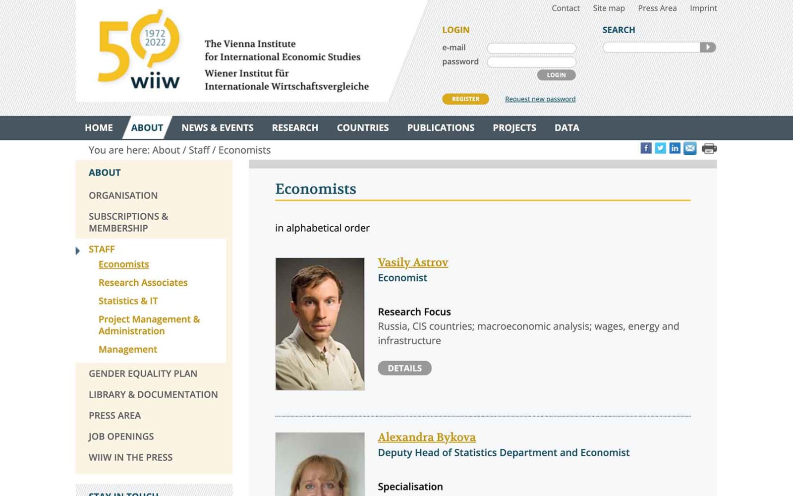 Website wiiw, The Vienna Institute for International Economic Studies – staff