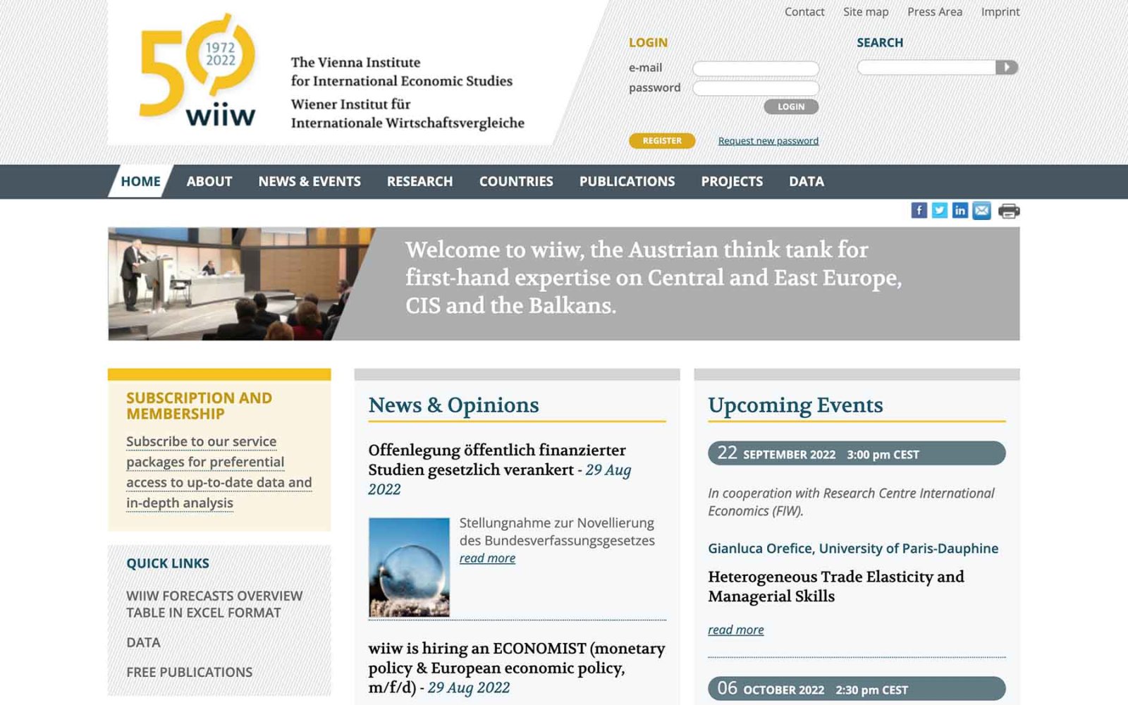 Website wiiw, The Vienna Institute for International Economic Studies – Startseite