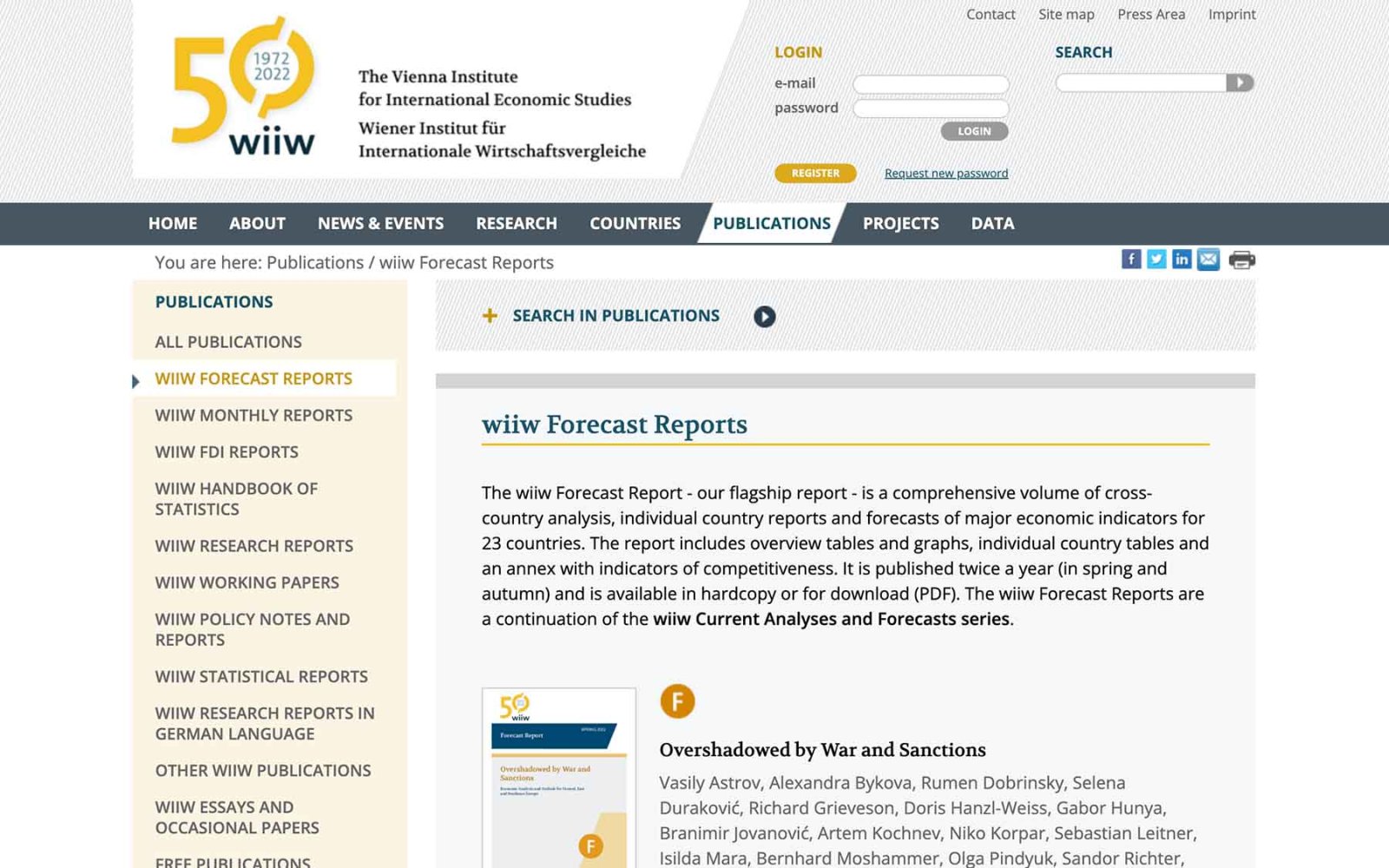 Website wiiw, The Vienna Institute for International Economic Studies – publications