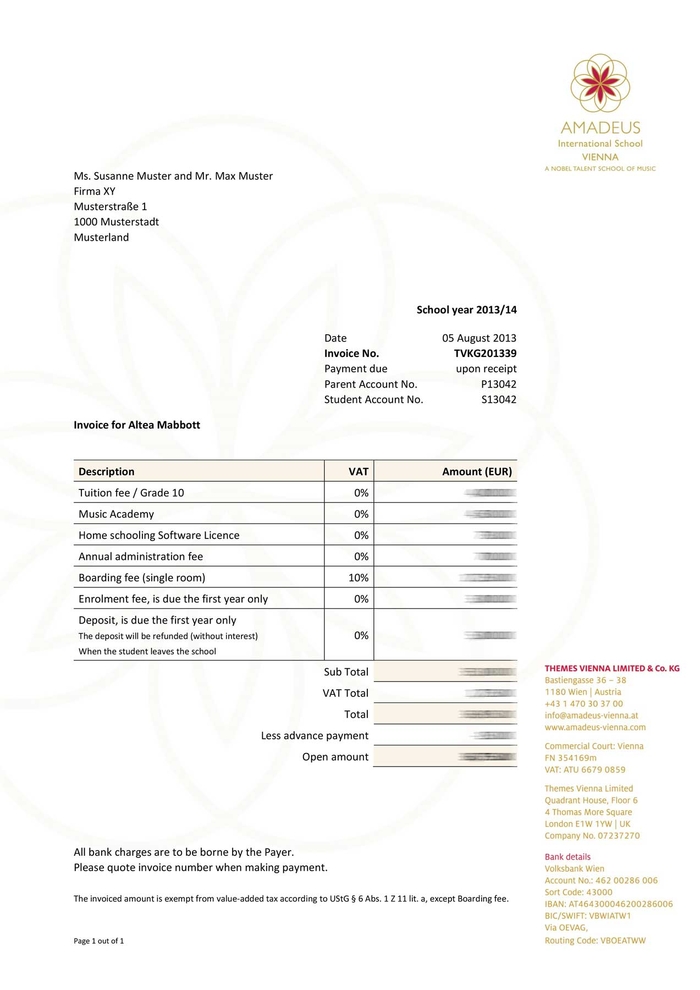 Word Template AMADEUS International School – Rechnungsvorlage
