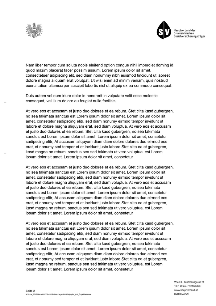 Wordvorlage für den Dachverband der Sozialversicherungsträger – Brief Folgeblatt