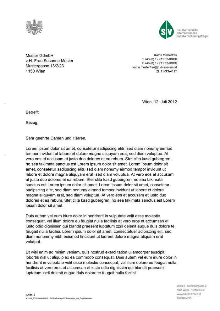 Wordvorlage für den Dachverband der Sozialversicherungsträger – Brief
