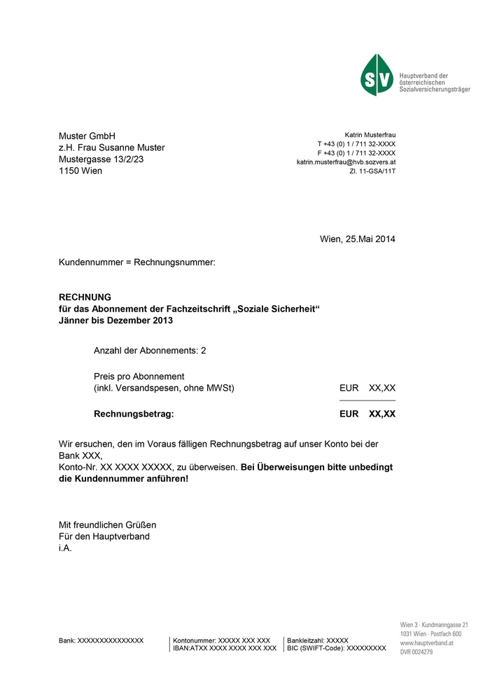 Wordvorlage für den Dachverband der Sozialversicherungsträger – Rechnung