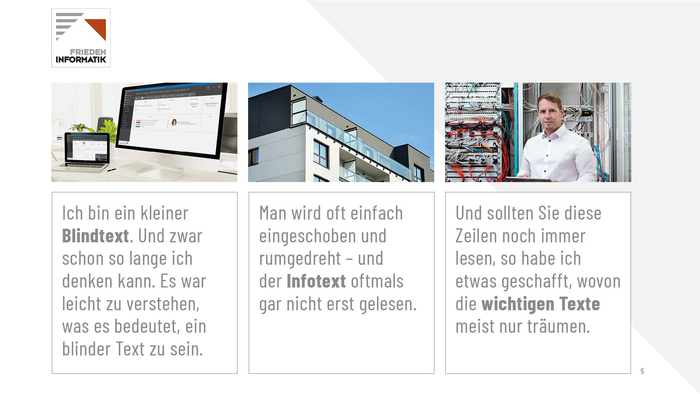 Frieden Informatik PowerPoint Produktpräsentation 3-spaltige Textfolie mit Bildern