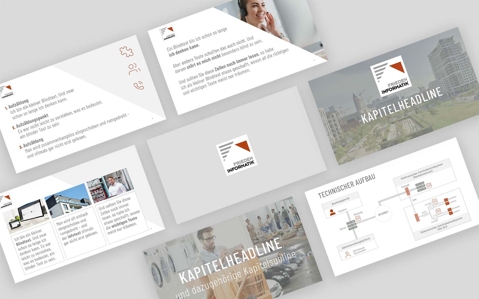 Übersicht einiger Slides aus der PowerPoint Produktpräsentation von Frieden Informatik
