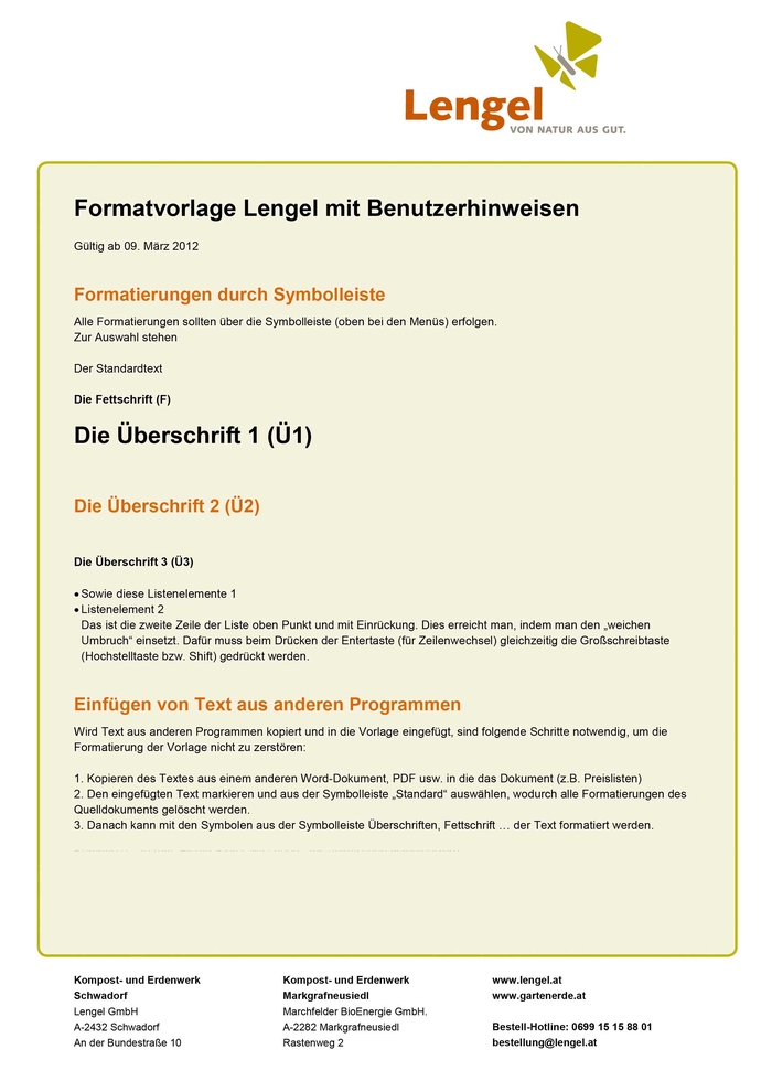 Word-Template für das Kompost- und Erdenwerk Lengel – Preisliste Styleguide