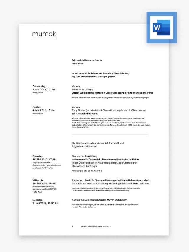 Projekt: mumok (Newslettervorlage, Microsoft Word)
