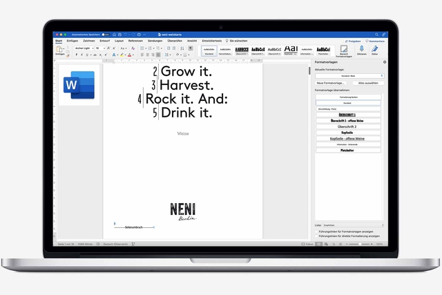 Projekt: Neni Berlin (Weinkarte, Microsoft Word)