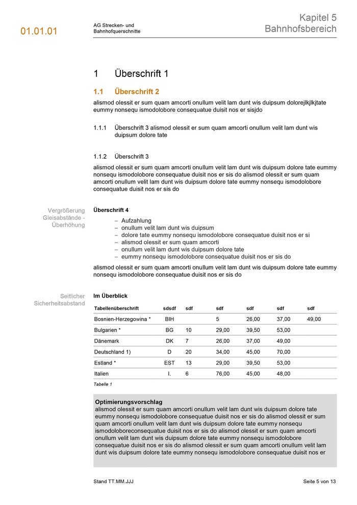 Wordtemplate für das Öbb Infra Regelwerk – Textseite mit Tabelle