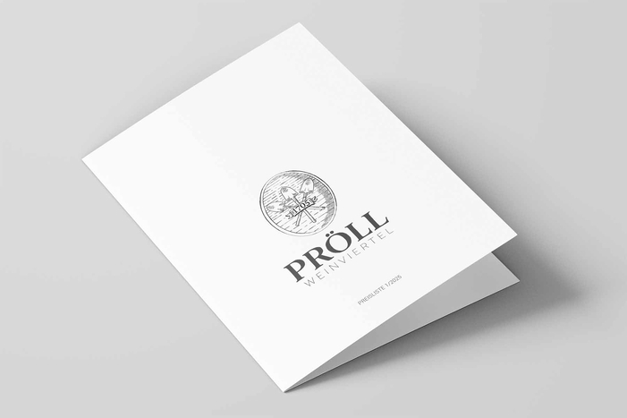 Deckblatt der Preisliste des Weinguts Pröll, Außenansicht mit Gestaltungselementen.