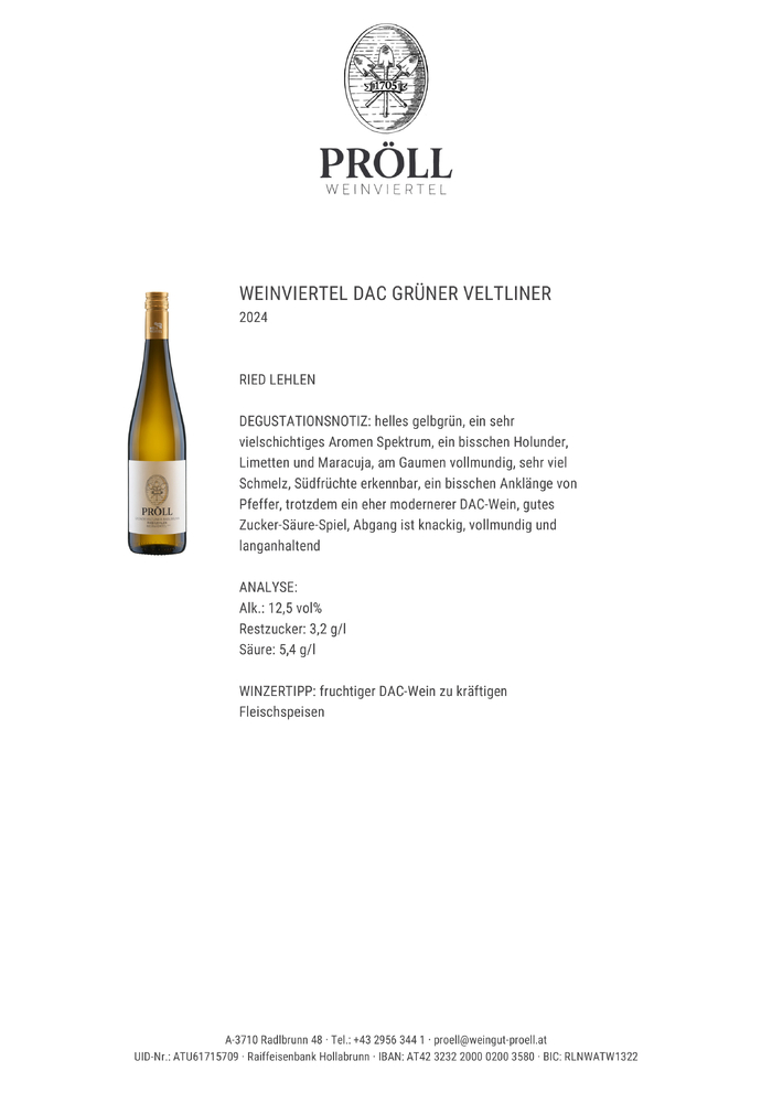Weindatenblatt für das Weingut Pröll mit detaillierten Informationen zu Rebsorte, Jahrgang, Alkoholgehalt und Geschmacksprofil.